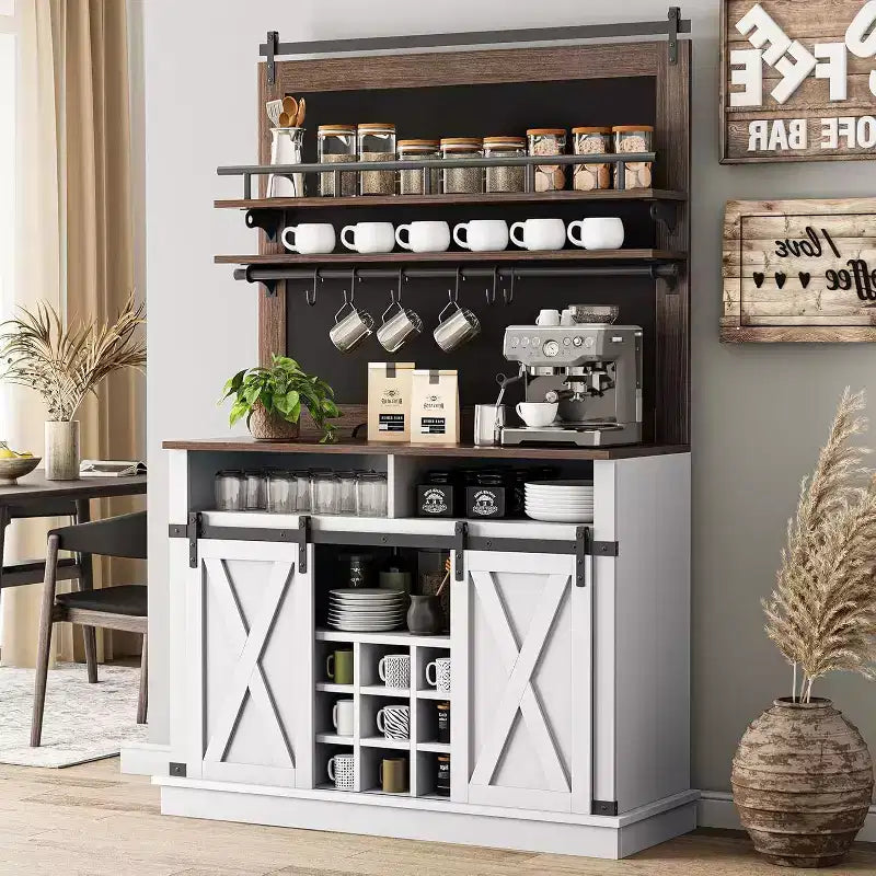 Credenza alta da 75 per caffè, grande dispensa contenitore per cucina, mobile bianco da caffè con ante e porta scorrevole stile fienile