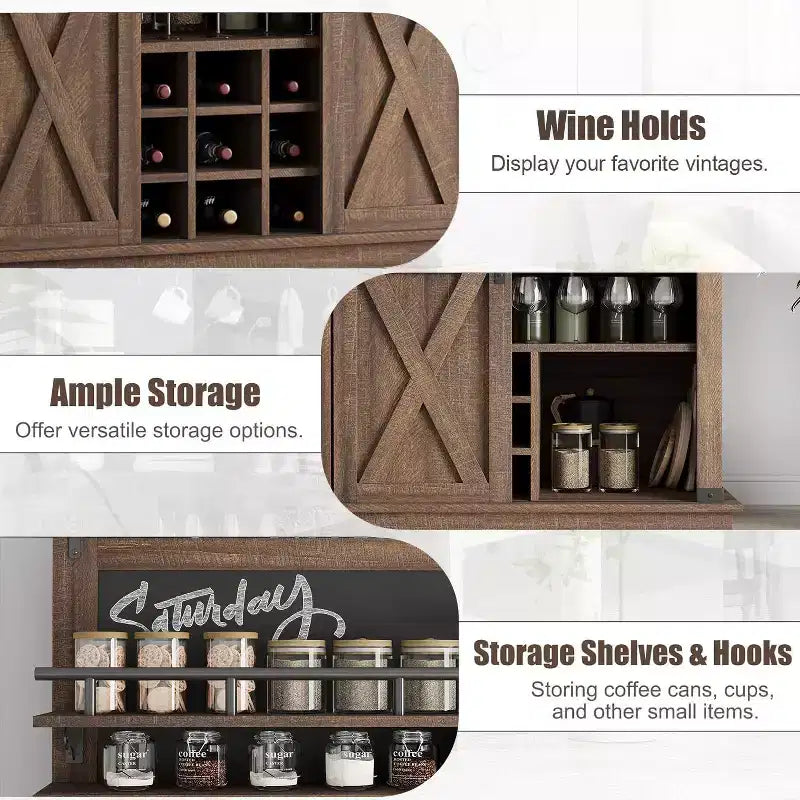 Credenza alta da 75 per caffè, grande dispensa contenitore per cucina, mobile bianco da caffè con ante e porta scorrevole stile fienile