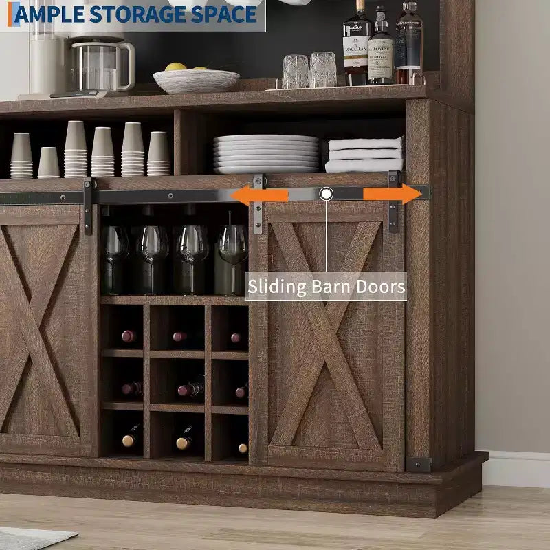 Credenza alta da 75 per caffè, grande dispensa contenitore per cucina, mobile bianco da caffè con ante e porta scorrevole stile fienile