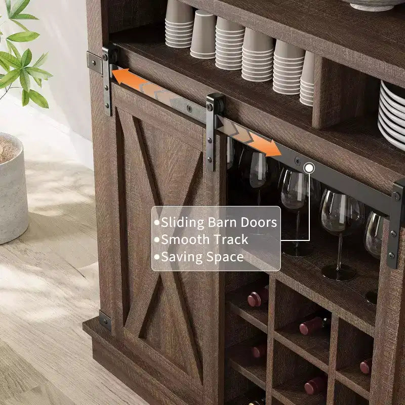 Credenza alta da 75 per caffè, grande dispensa contenitore per cucina, mobile bianco da caffè con ante e porta scorrevole stile fienile