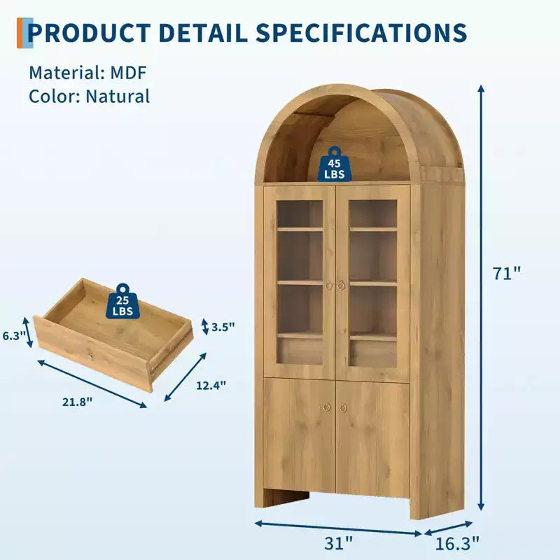 Armadietto ad arco alto 71 pollici con ante, dispensa da cucina ad arco con cassetto nascosto e ripiani regolabili, mobile moderno contenitore ed espositivo