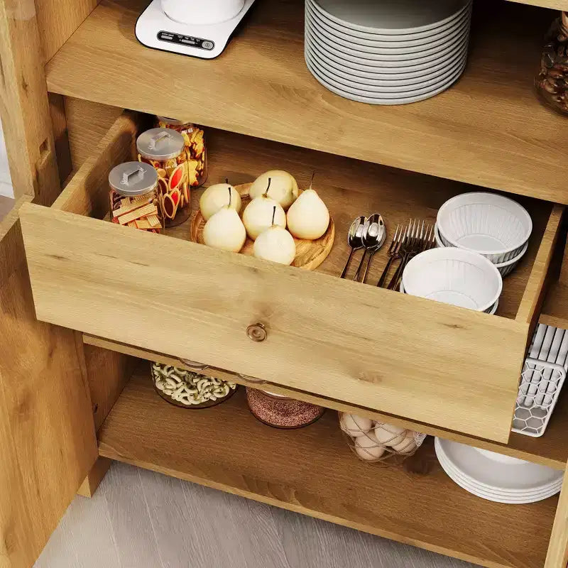 Armadietto ad arco alto 71 pollici con ante, dispensa da cucina ad arco con cassetto nascosto e ripiani regolabili, mobile moderno contenitore ed espositivo