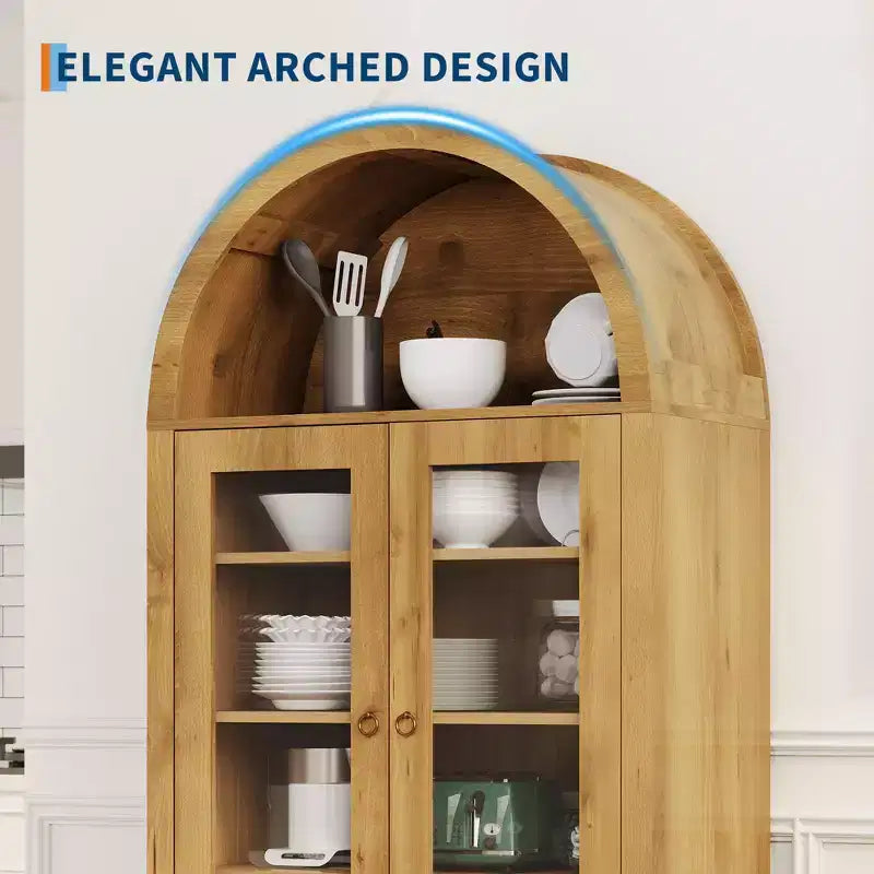 Armadietto ad arco alto 71 pollici con ante, dispensa da cucina ad arco con cassetto nascosto e ripiani regolabili, mobile moderno contenitore ed espositivo
