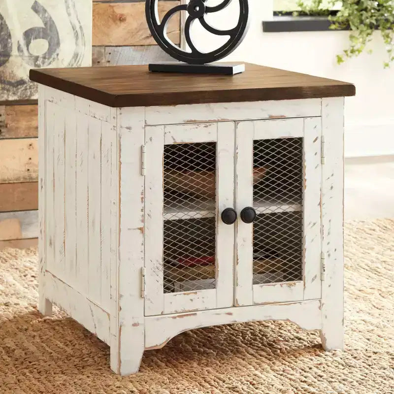 Modern-style side table (white/brown) featuring storage functionality, wooden legs, and a double-door design.