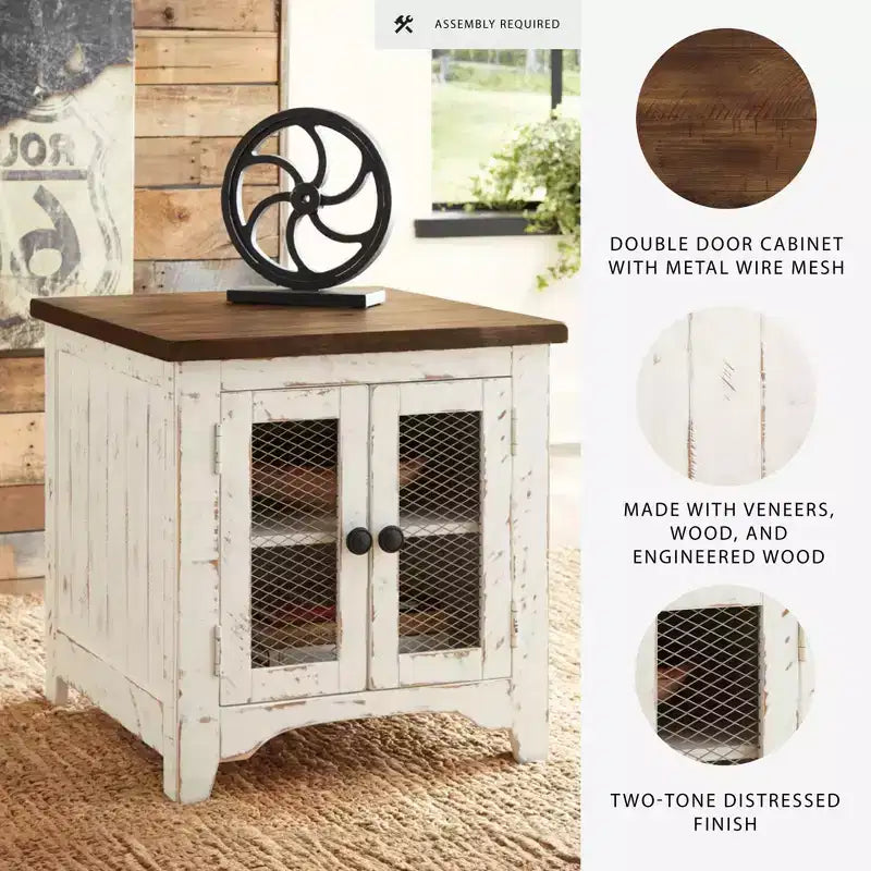 Tavolino moderno (bianco/marrone) con funzione contenitore, gambe in legno e design a doppia anta.