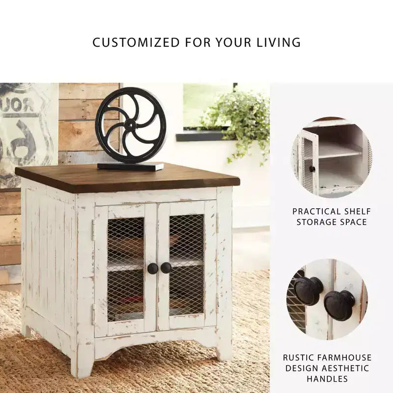 Modern-style side table (white/brown) featuring storage functionality, wooden legs, and a double-door design.