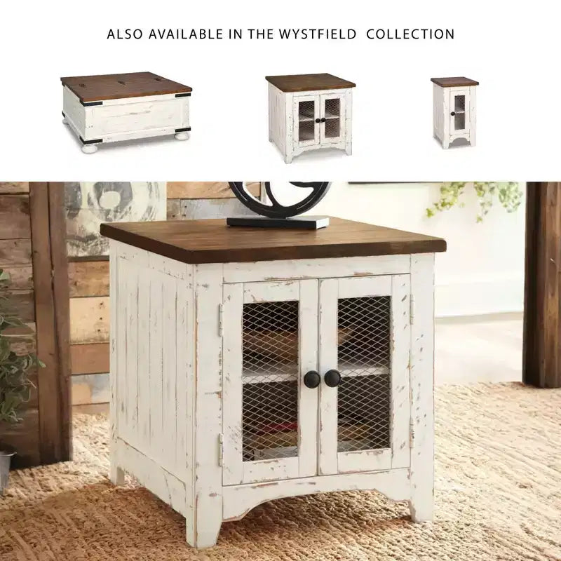 Modern-style side table (white/brown) featuring storage functionality, wooden legs, and a double-door design.