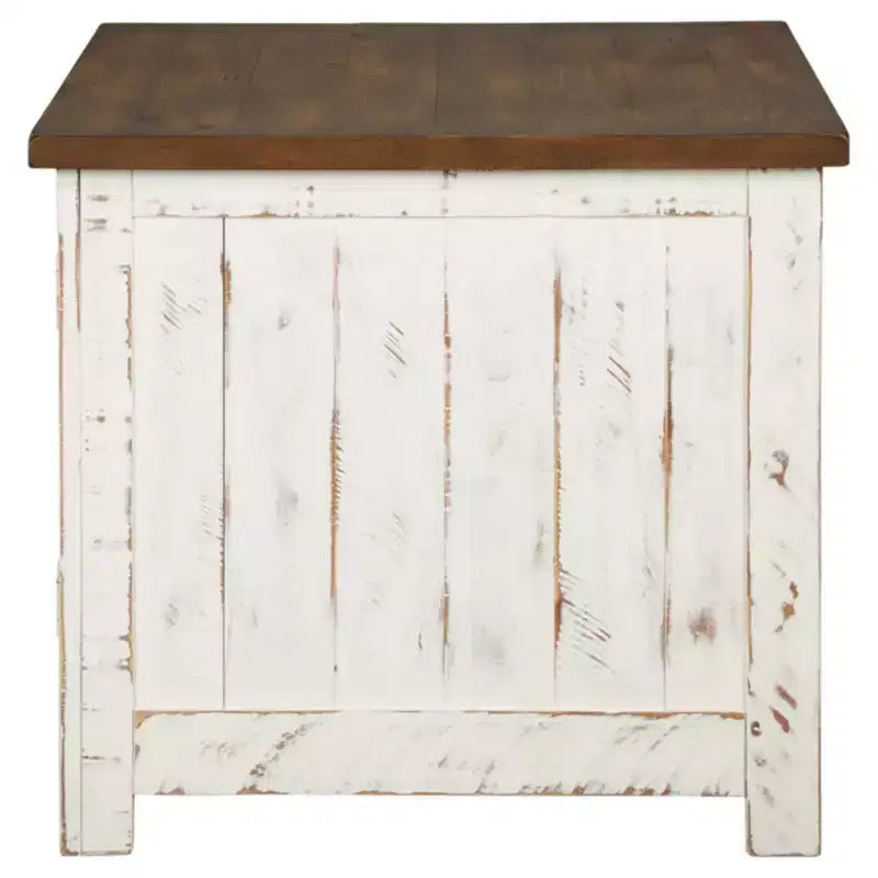 Tavolino moderno (bianco/marrone) con funzione contenitore, gambe in legno e design a doppia anta.