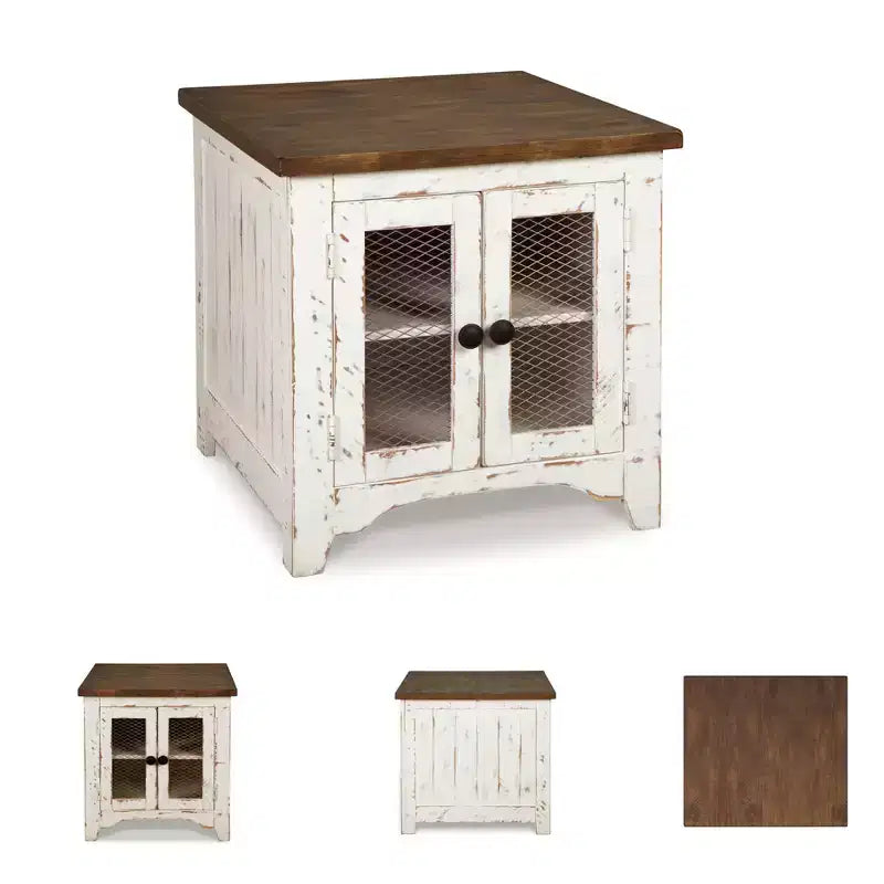 Tavolino moderno (bianco/marrone) con funzione contenitore, gambe in legno e design a doppia anta.