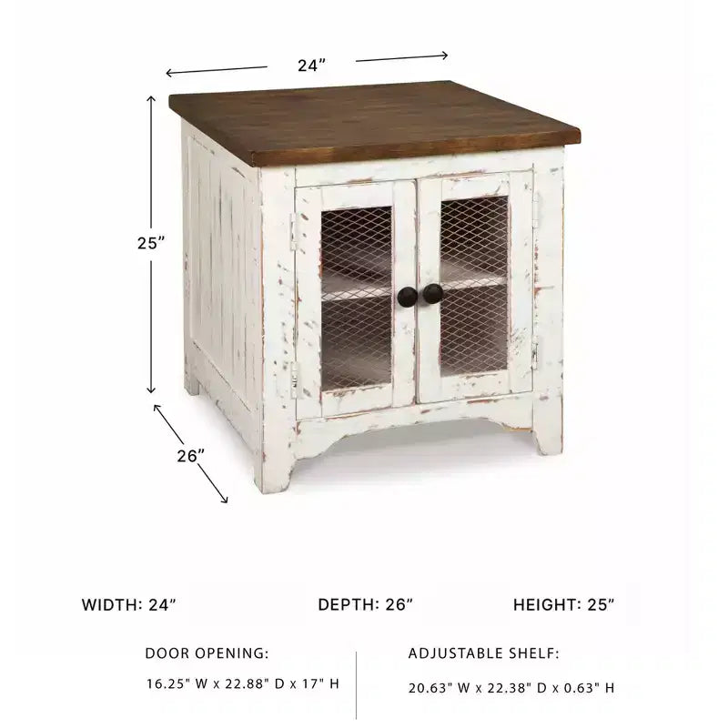 Tavolino moderno (bianco/marrone) con funzione contenitore, gambe in legno e design a doppia anta.