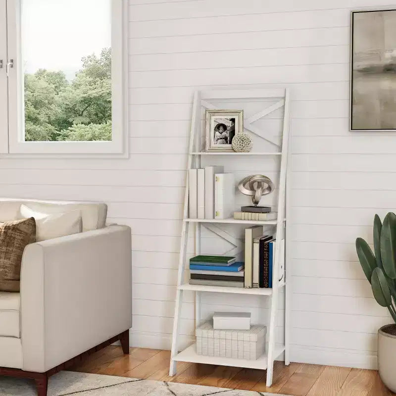 4-Tier Ladder Bookshelf with X-Back Frame  Freestanding Bookcase, White