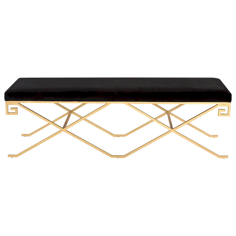 Panca in stile glamour — velluto nero con finitura in foglia d’oro (Dimensioni: 59" W x 21" D x 20" H)