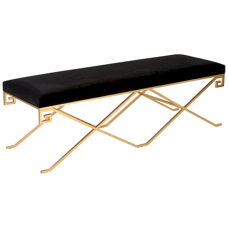 Glam-style bench — black velvet with gold leaf finish (Dimensions: 59" W x 21" D x 20" H)