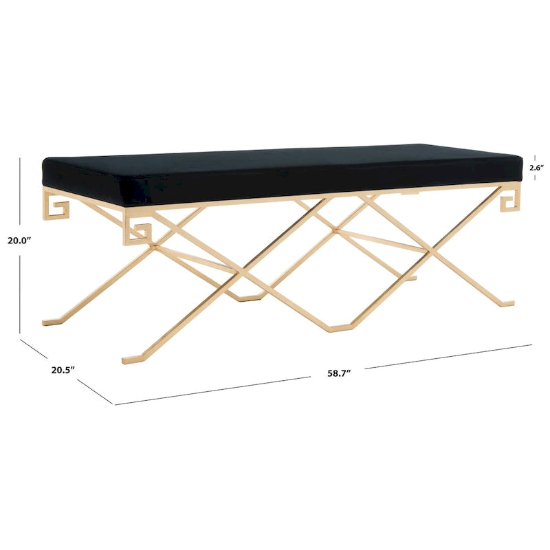 Glam-style bench — black velvet with gold leaf finish (Dimensions: 59" W x 21" D x 20" H)