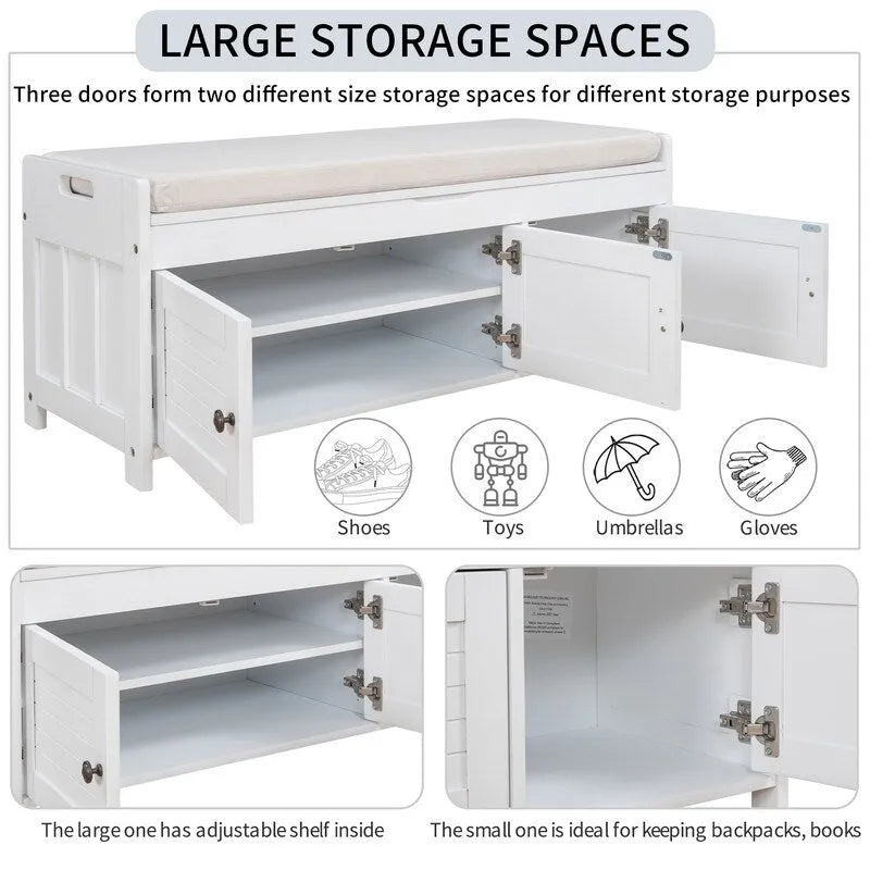 Wooden shoe storage stool with cushioned entrance bench with built-in adjustable shelf and flip top