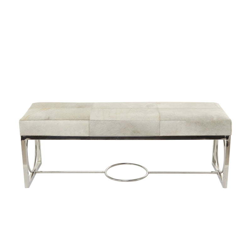 Leather Handmade Cowhide Bench with Geometric Cutout Silver Base - Beige - Roche River Decor - 18W x 48L x 17H