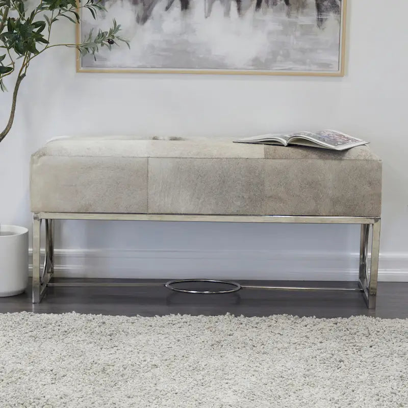 Handcrafted Genuine Leather Bench (with Geometric Cutout Silver Base) - Beige - 18" W x 48" L x 17" H