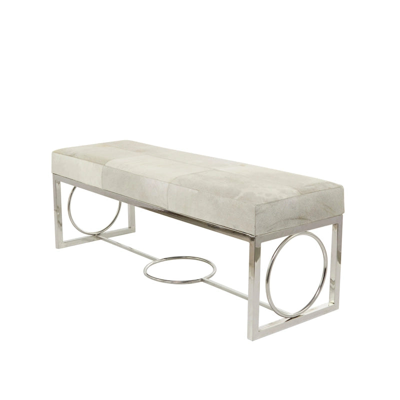 Ręcznie wykonana ławka z naturalnej skóry (ze srebrną podstawą z geometrycznymi wycięciami) - beżowa - 18" W x 48" L x 17" H