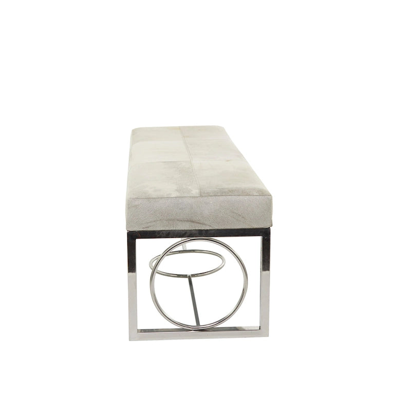 Handcrafted Genuine Leather Bench (with Geometric Cutout Silver Base) - Beige - 18" W x 48" L x 17" H