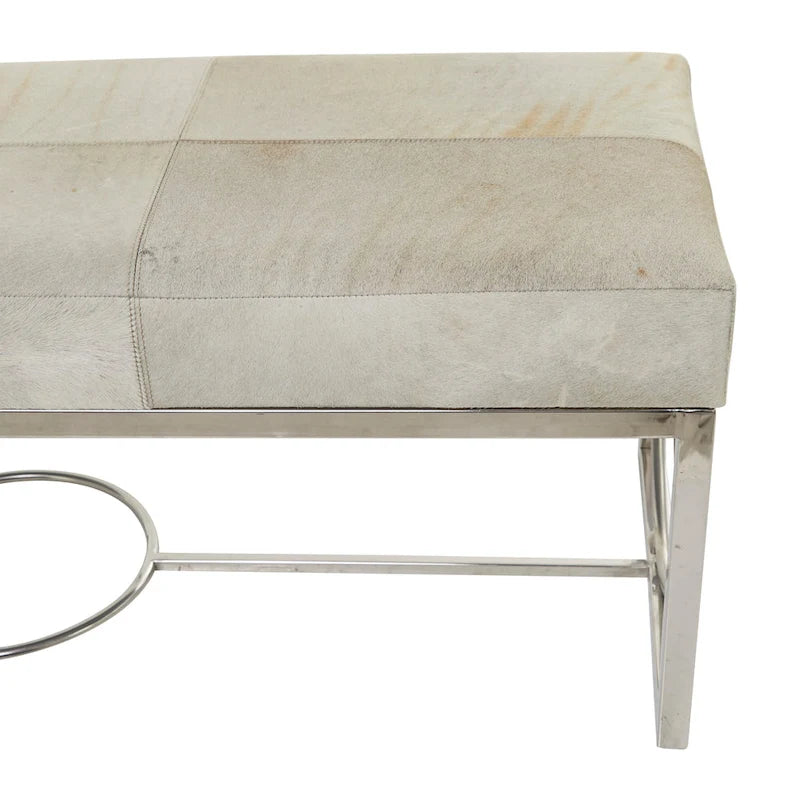 Handcrafted Genuine Leather Bench (with Geometric Cutout Silver Base) - Beige - 18" W x 48" L x 17" H