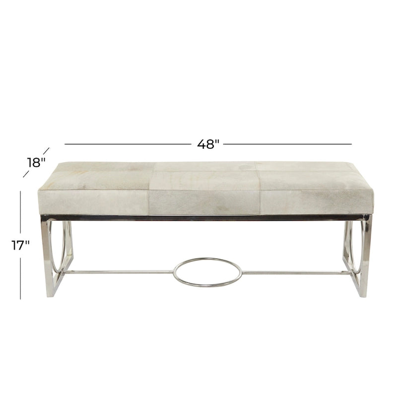 Ręcznie wykonana ławka z naturalnej skóry (ze srebrną podstawą z geometrycznymi wycięciami) - beżowa - 18" W x 48" L x 17" H