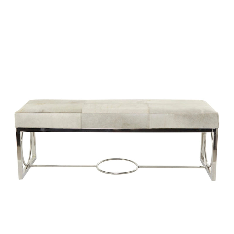 Ręcznie wykonana ławka z naturalnej skóry (ze srebrną podstawą z geometrycznymi wycięciami) - beżowa - 18" W x 48" L x 17" H