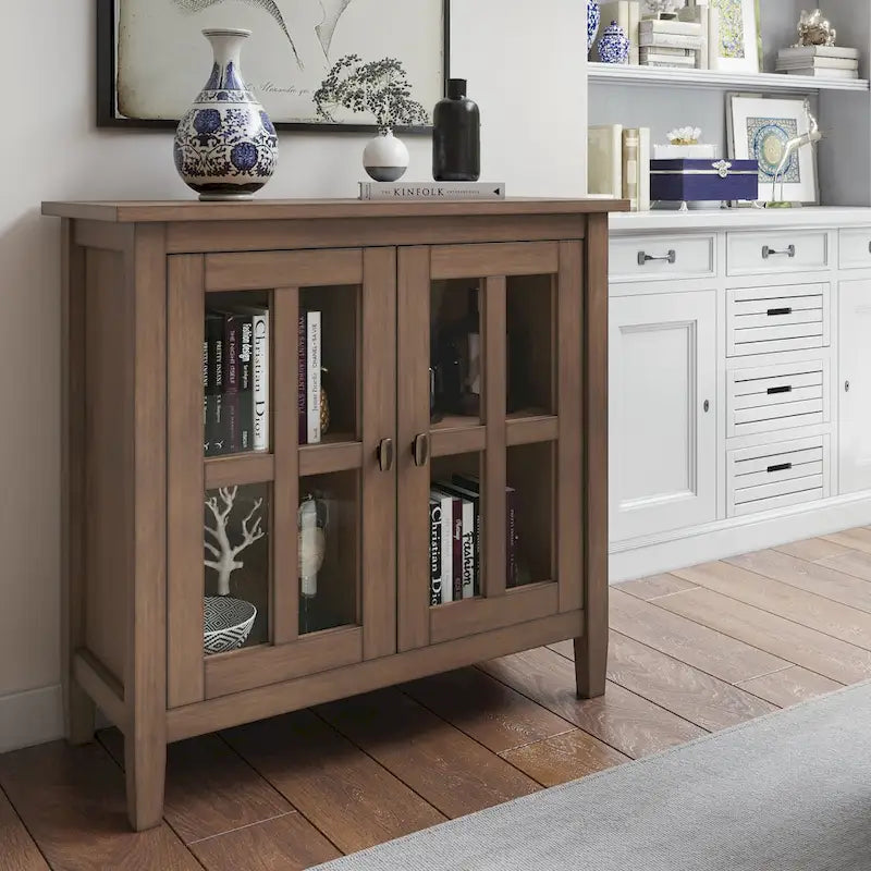 Mobile contenitore basso di transizione in legno massello, largo 32 pollici — 32" W x 14" D x 31" H