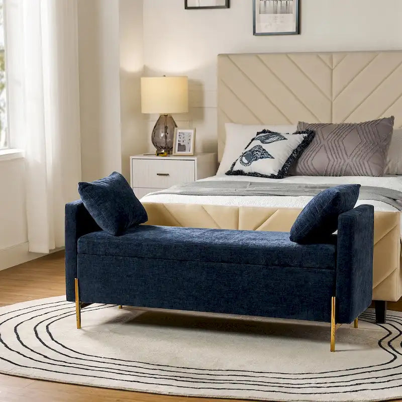 Upholstered Flip-Top Storage Bench (with Two Bolsters and Armrests)