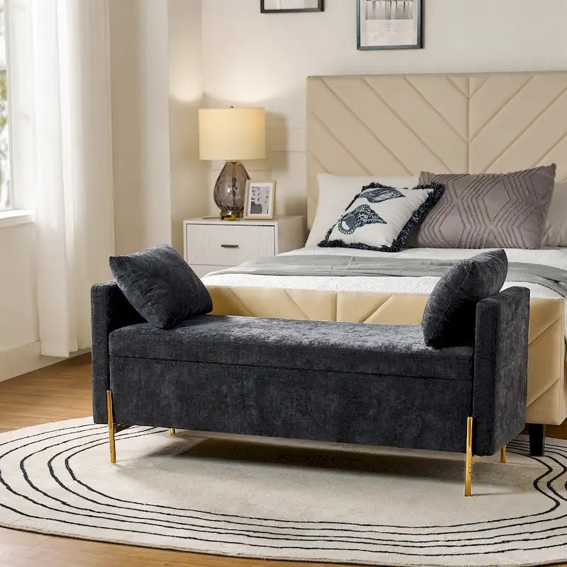 Upholstered Flip-Top Storage Bench (with Two Bolsters and Armrests)