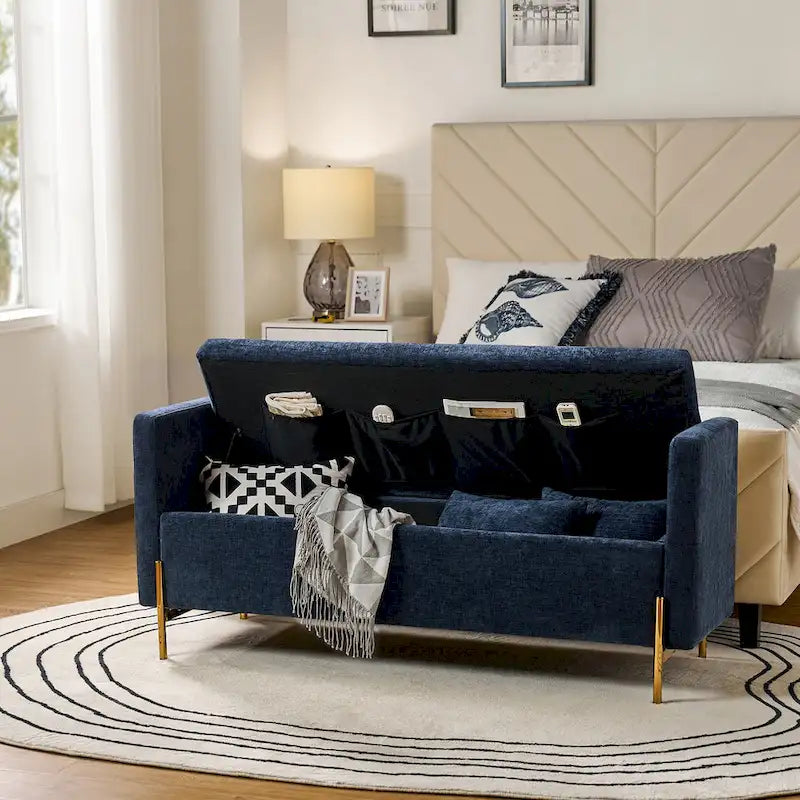 Upholstered Flip-Top Storage Bench (with Two Bolsters and Armrests)