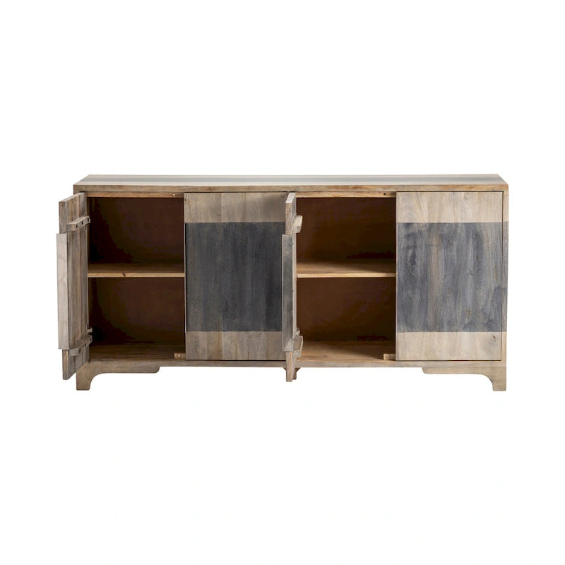 Credenza da soggiorno in legno di mango a due tonalità e quattro ante, mobile bar - 70W x 18D x 33.5H