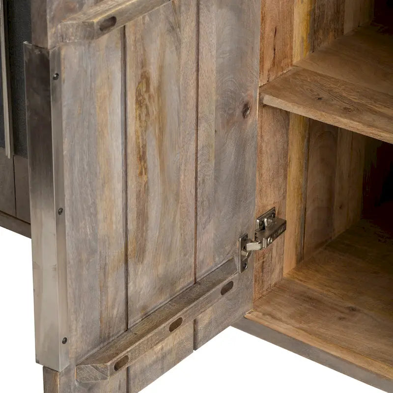 Credenza da soggiorno in legno di mango a due tonalità e quattro ante, mobile bar - 70W x 18D x 33.5H