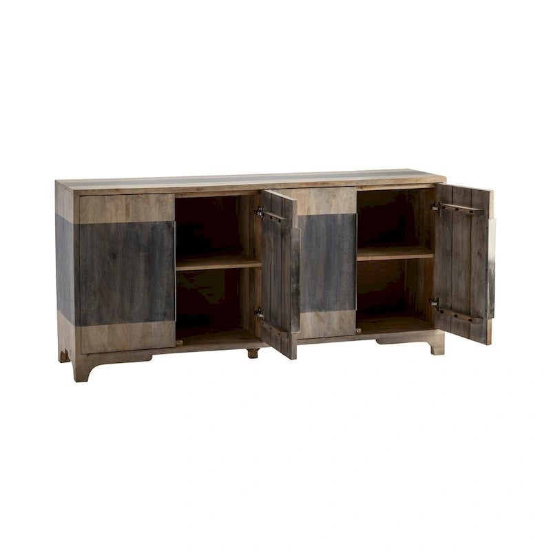 Credenza da soggiorno in legno di mango a due tonalità e quattro ante, mobile bar - 70W x 18D x 33.5H