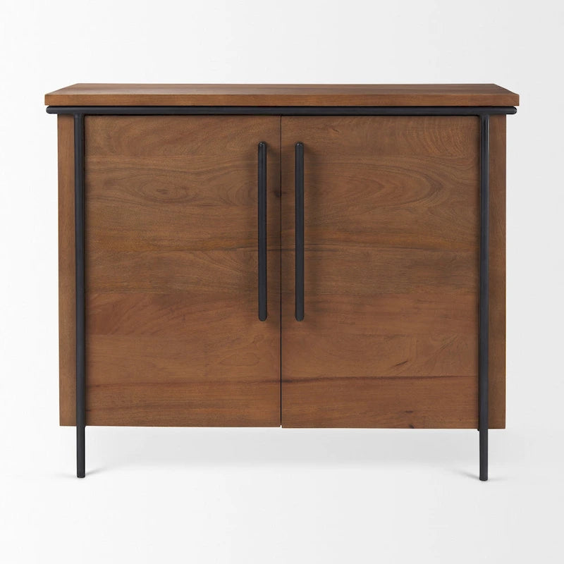 Medium Brown Solid Wood w/ Black Iron Frame & 2 Door Accent Cabinet