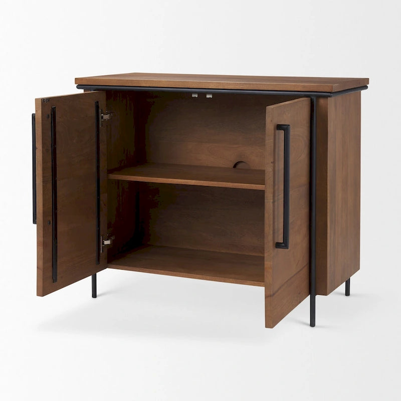 Medium Brown Solid Wood w/ Black Iron Frame & 2 Door Accent Cabinet