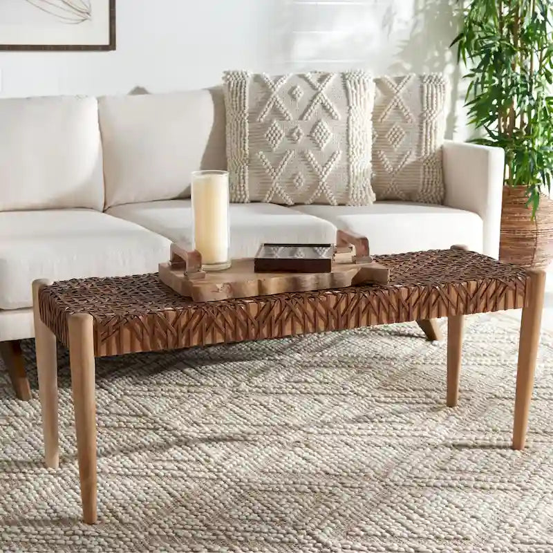 Panca in legno massello e pelle - 47" W x 16" D x 19" H