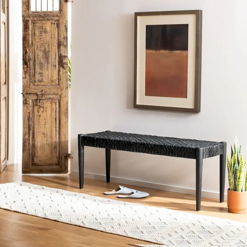 Panca in legno massello e pelle - 47" W x 16" D x 19" H
