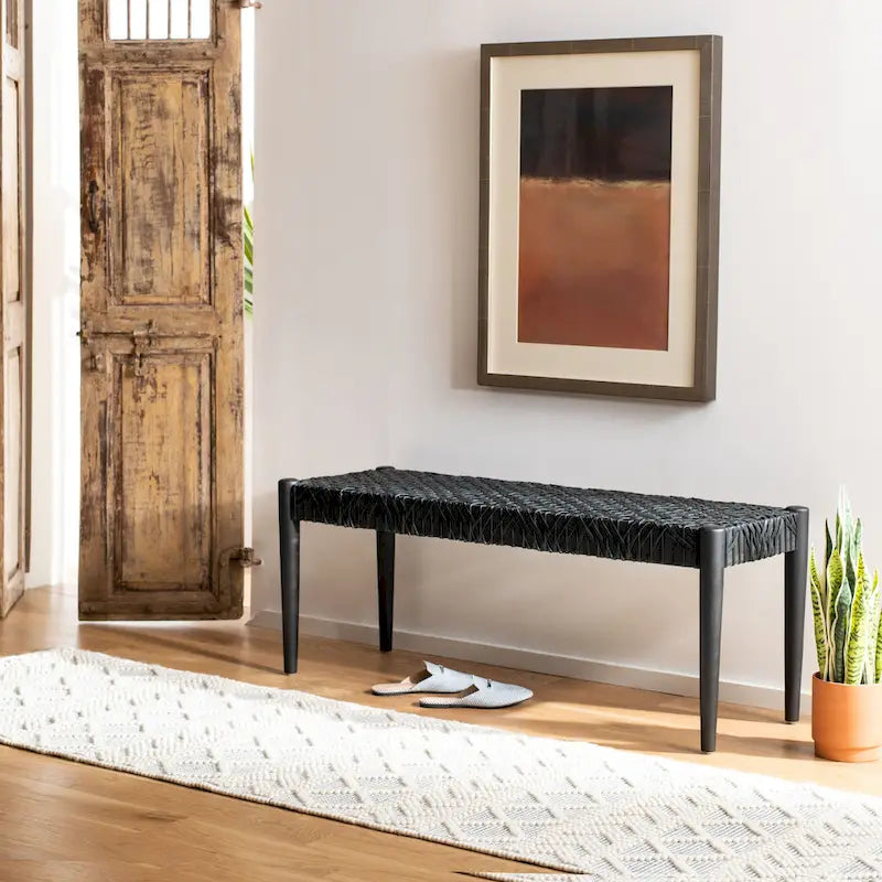 Solid Wood and Leather Bench – 47" W x 16" D x 19" H