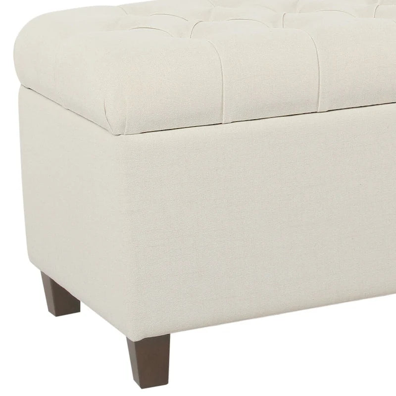 Tapicerowana tkaniną drewniana ławka z pikowaniem i guzikami oraz schowkiem z uchylnym wiekiem, biała i brązowa - 18 H x 40 W x 18 L cali