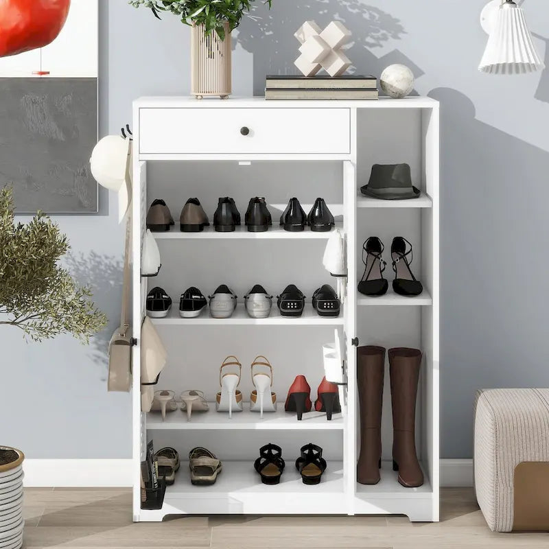 Freestanding Shoe Rack Organizer with 2 Shutter Doors and Adjustable Storage Shelf