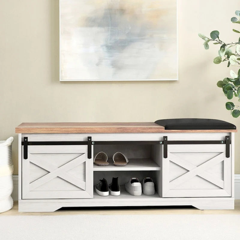 Vintage Farmhouse Style Wooden Storage Bench with Sliding Doors