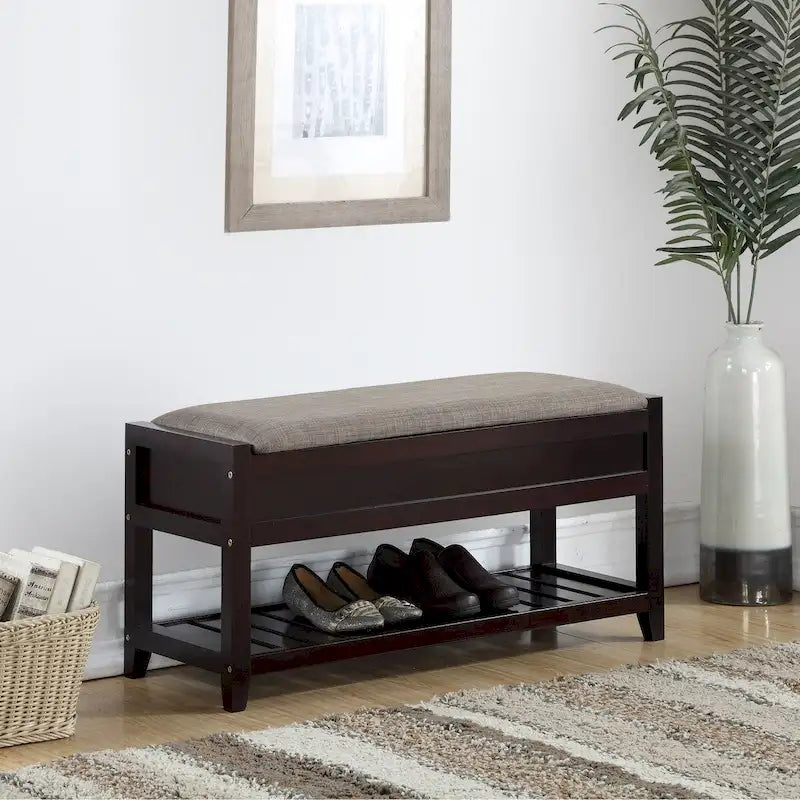 Fabric Seating Wood Bench with Shoe Storage