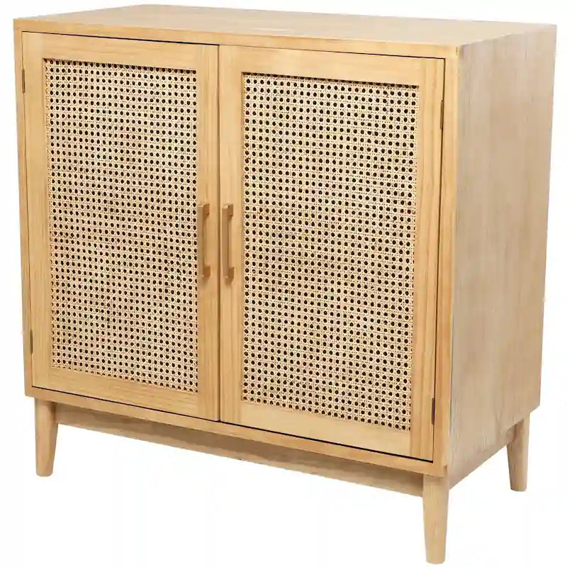 Single-shelf, two-door wooden cabinet (featuring rattan door panels and gold handles) — Light brown or black