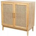 Single-shelf, two-door wooden cabinet (featuring rattan door panels and gold handles) — Light brown or black