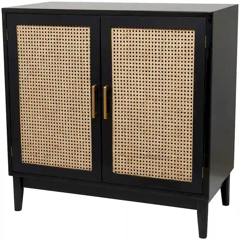 Single-shelf, two-door wooden cabinet (featuring rattan door panels and gold handles) — Light brown or black