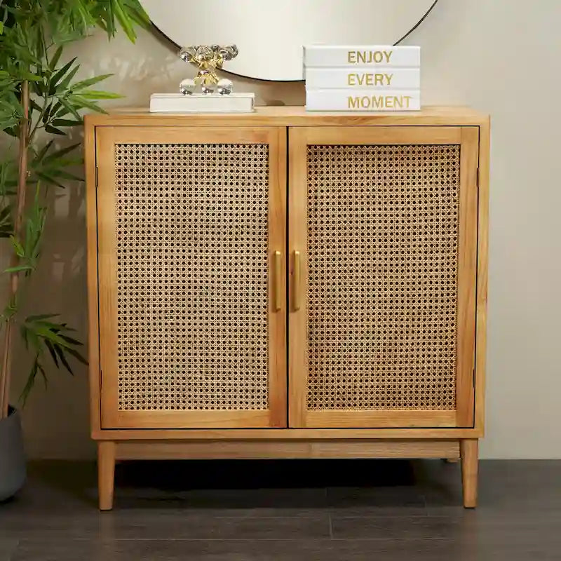 Single-shelf, two-door wooden cabinet (featuring rattan door panels and gold handles) — Light brown or black