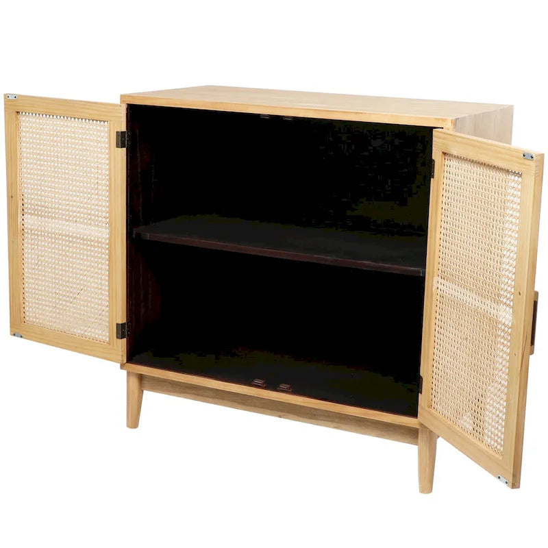 Single-shelf, two-door wooden cabinet (featuring rattan door panels and gold handles) — Light brown or black