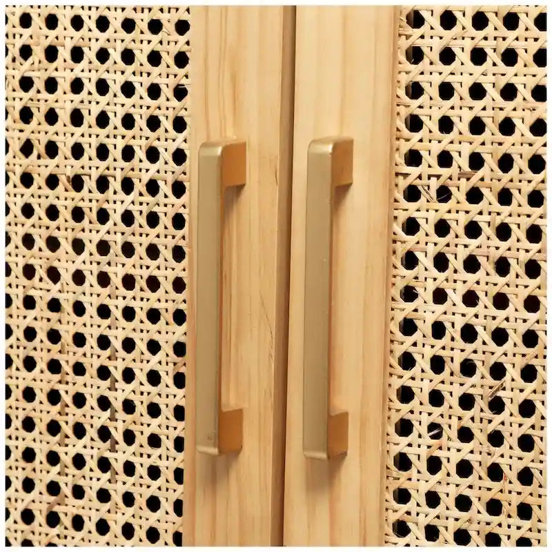 Single-shelf, two-door wooden cabinet (featuring rattan door panels and gold handles) — Light brown or black