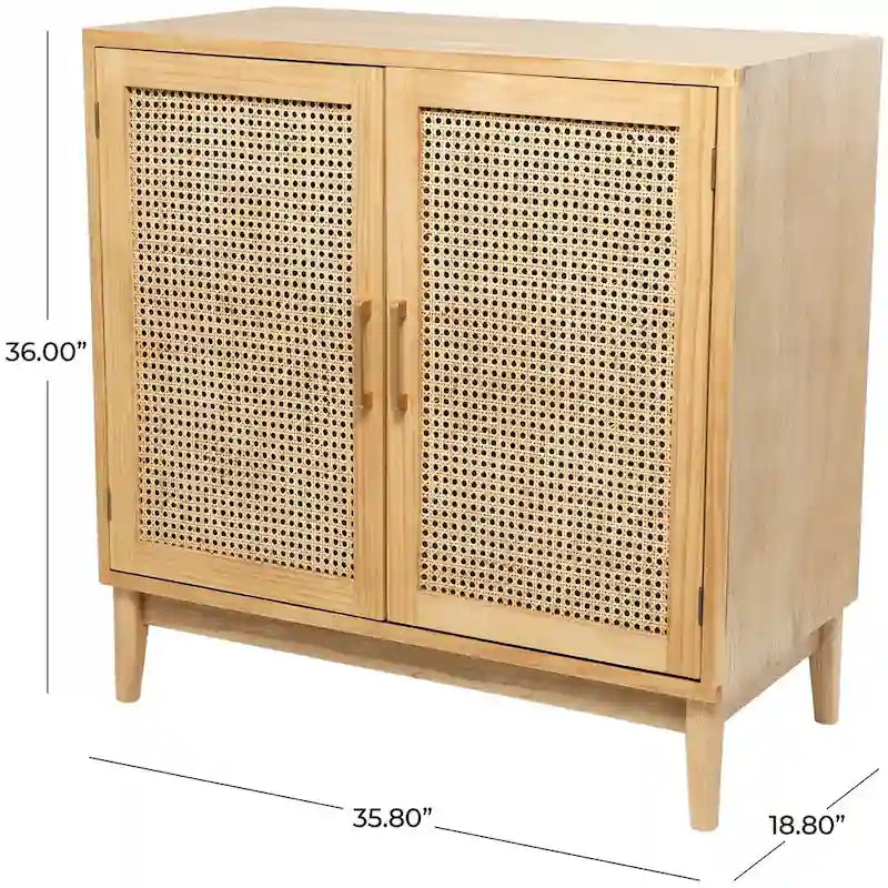 Single-shelf, two-door wooden cabinet (featuring rattan door panels and gold handles) — Light brown or black