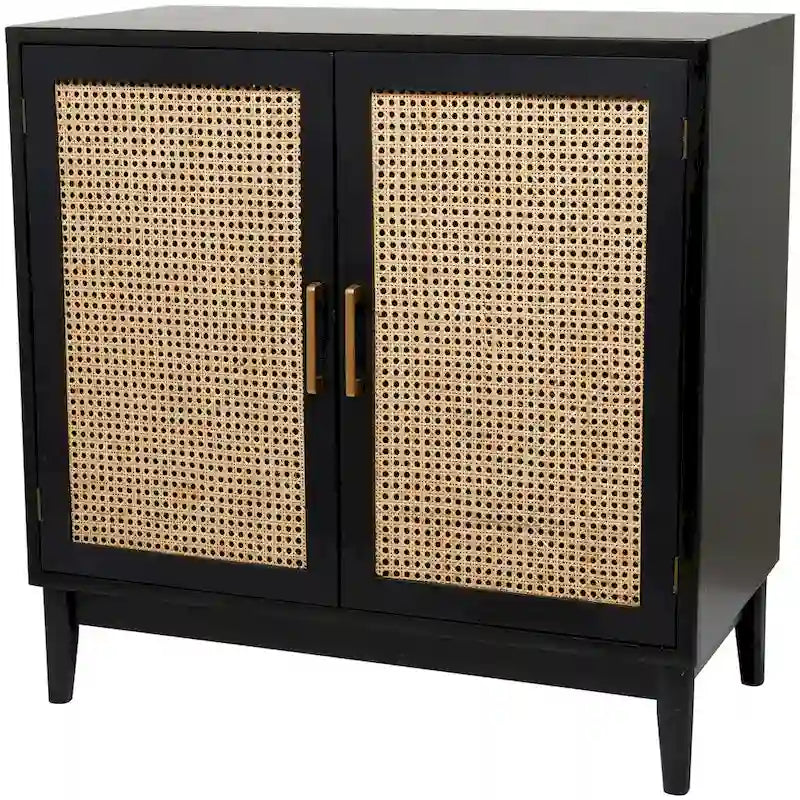 Single-shelf, two-door wooden cabinet (featuring rattan door panels and gold handles) — Light brown or black